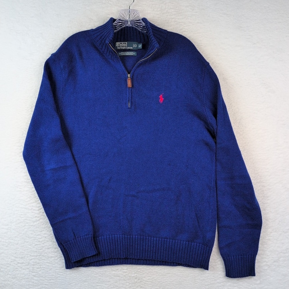 VTG Polo Ralph Lauren Sweater Men Small Blue 1/4 Zip Pullover Knit Heavyweight